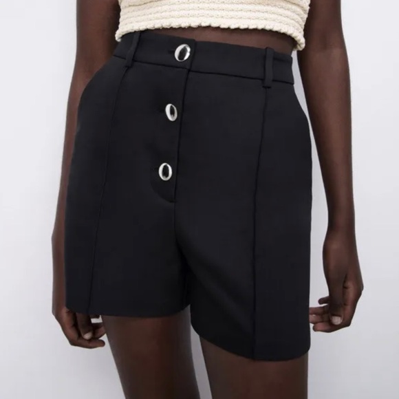 Black High Waisted Ruched Gold Button Shorts